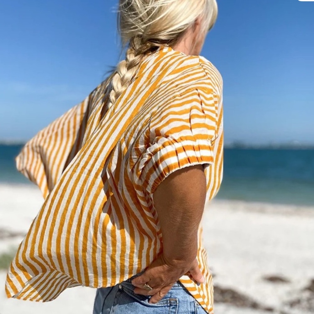 EMERSON FRY Mandarin Collar Top Oversized Boxy Marigold Yellow Stripe Blouse OS - Picture 3 of 7